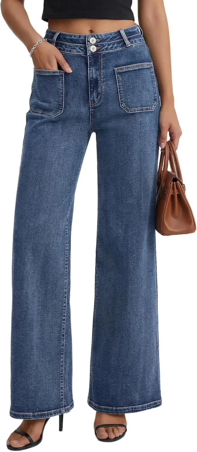 

Женские джинсы с высокой талией и широкими штанинами Stretchy Loose Denim с двумя пуговицами ZMTUO