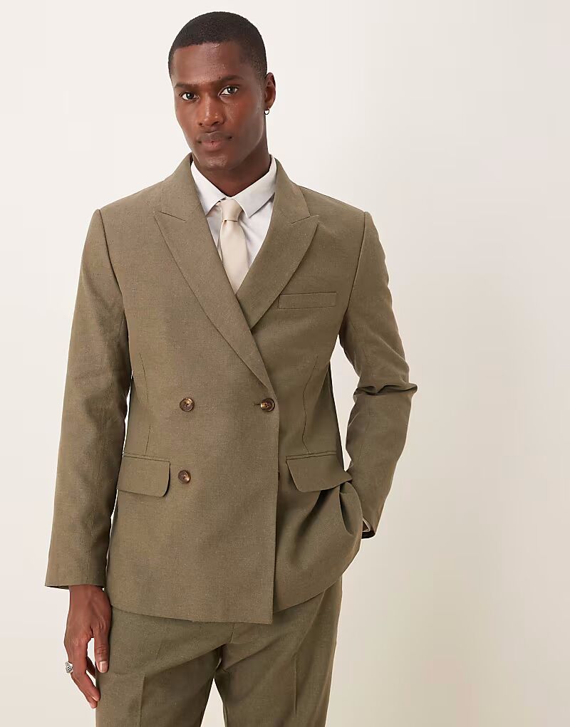 

Двубортный льняной пиджак оливково-зеленого цвета Abercrombie & Fitch