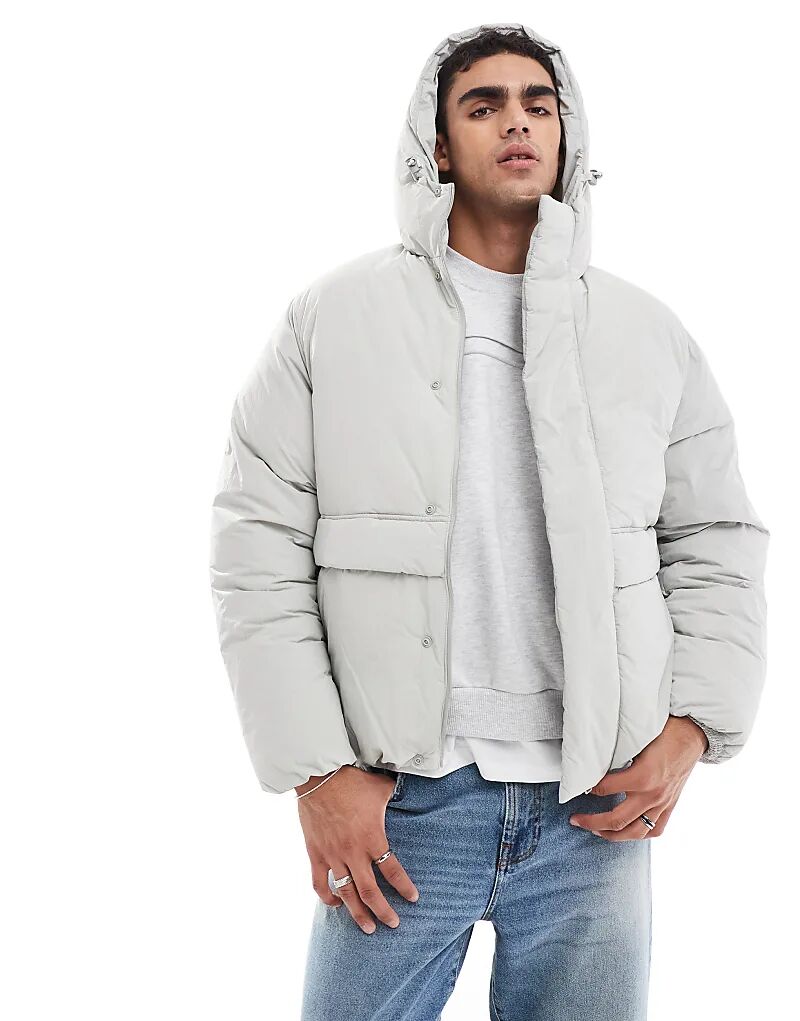 

Jack & Jones – Стеганое пальто светло-серого цвета с капюшоном и карманами