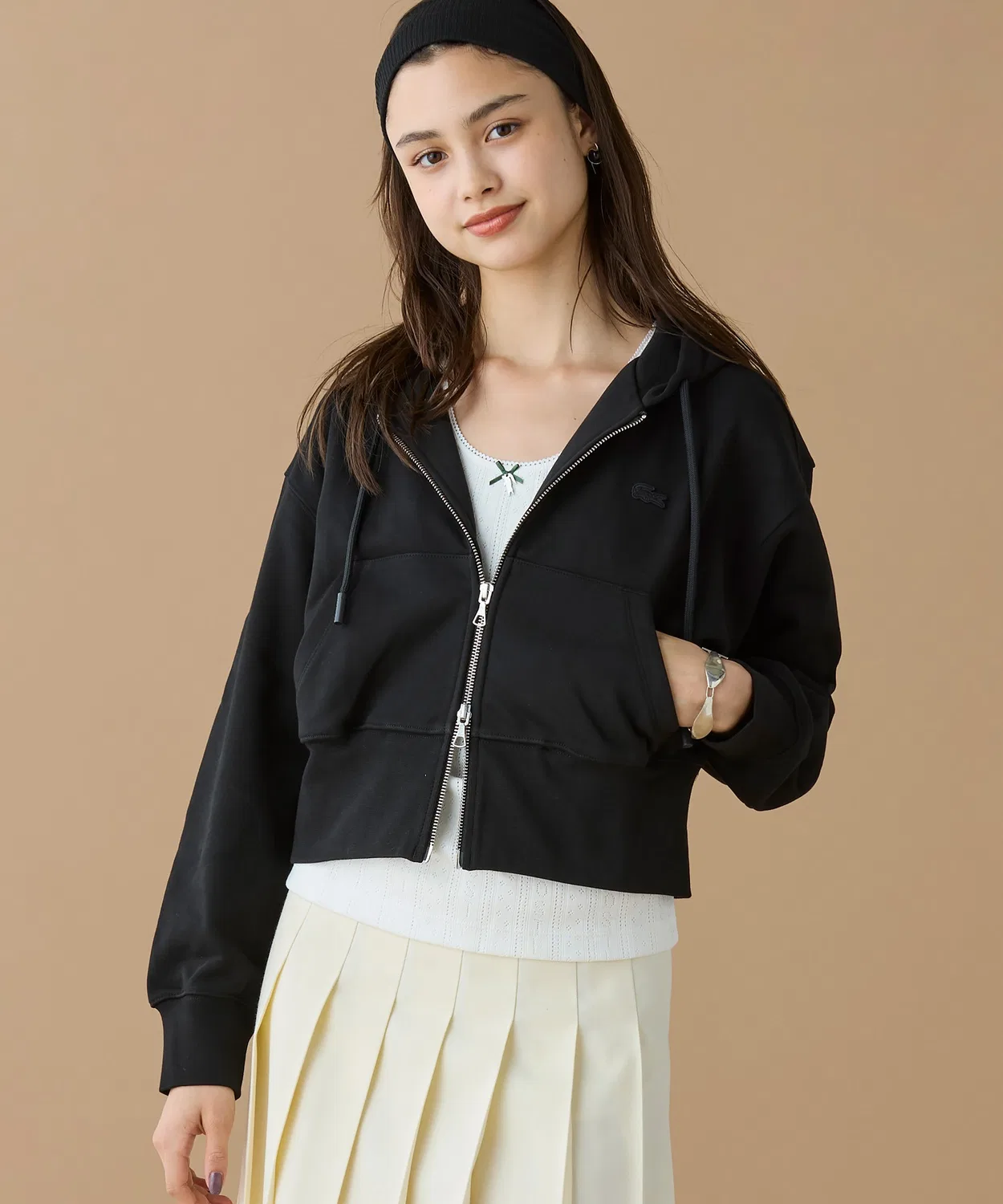 Худи Lacoste оверсайз черная с молнией
