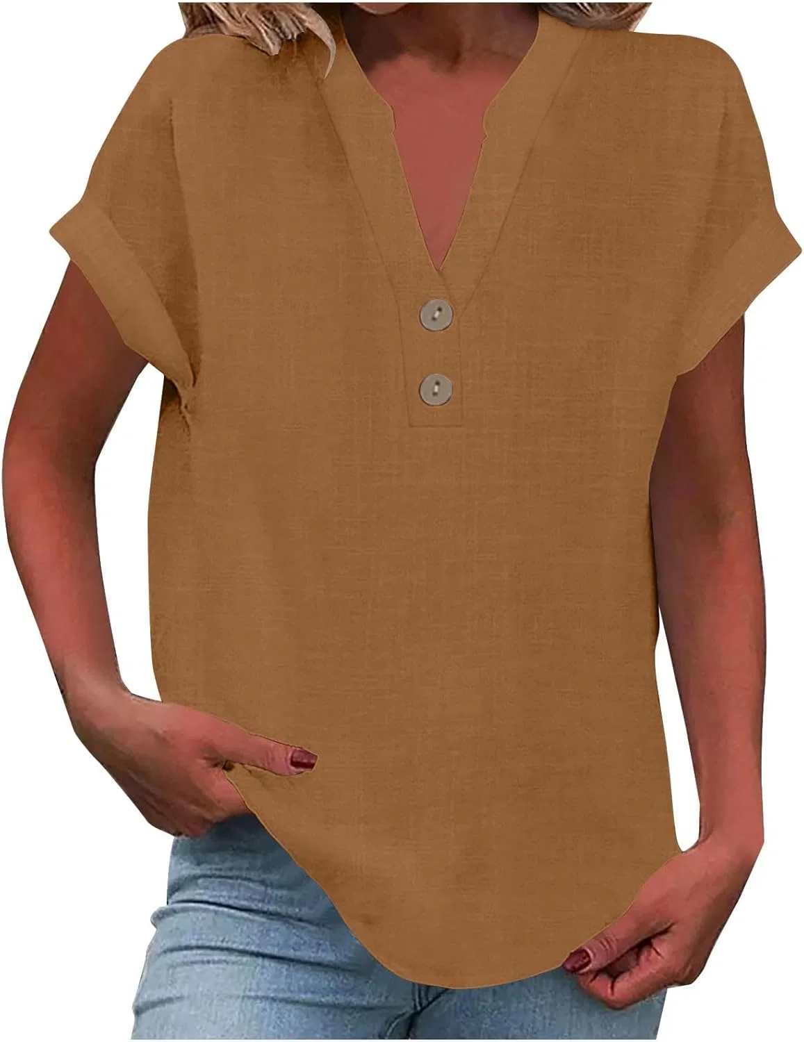 Женская блуза с коротким рукавом, V-образным вырезом, из льна и хлопка, 6#brown