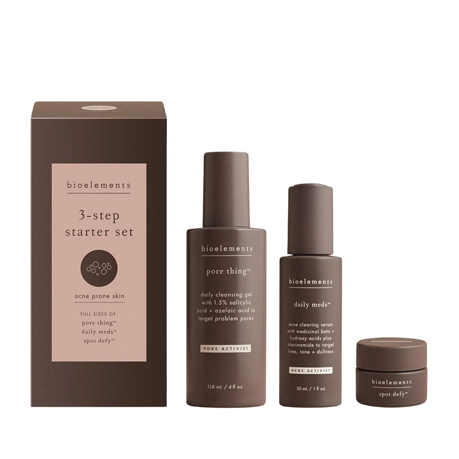 Стартовый набор Bioelements из 3 шагов: для кожи, склонной к акне - включает в себя Pore Thing, Daily Meds и Spot Defy - веганский, без глютена - не тестировался на животных, green