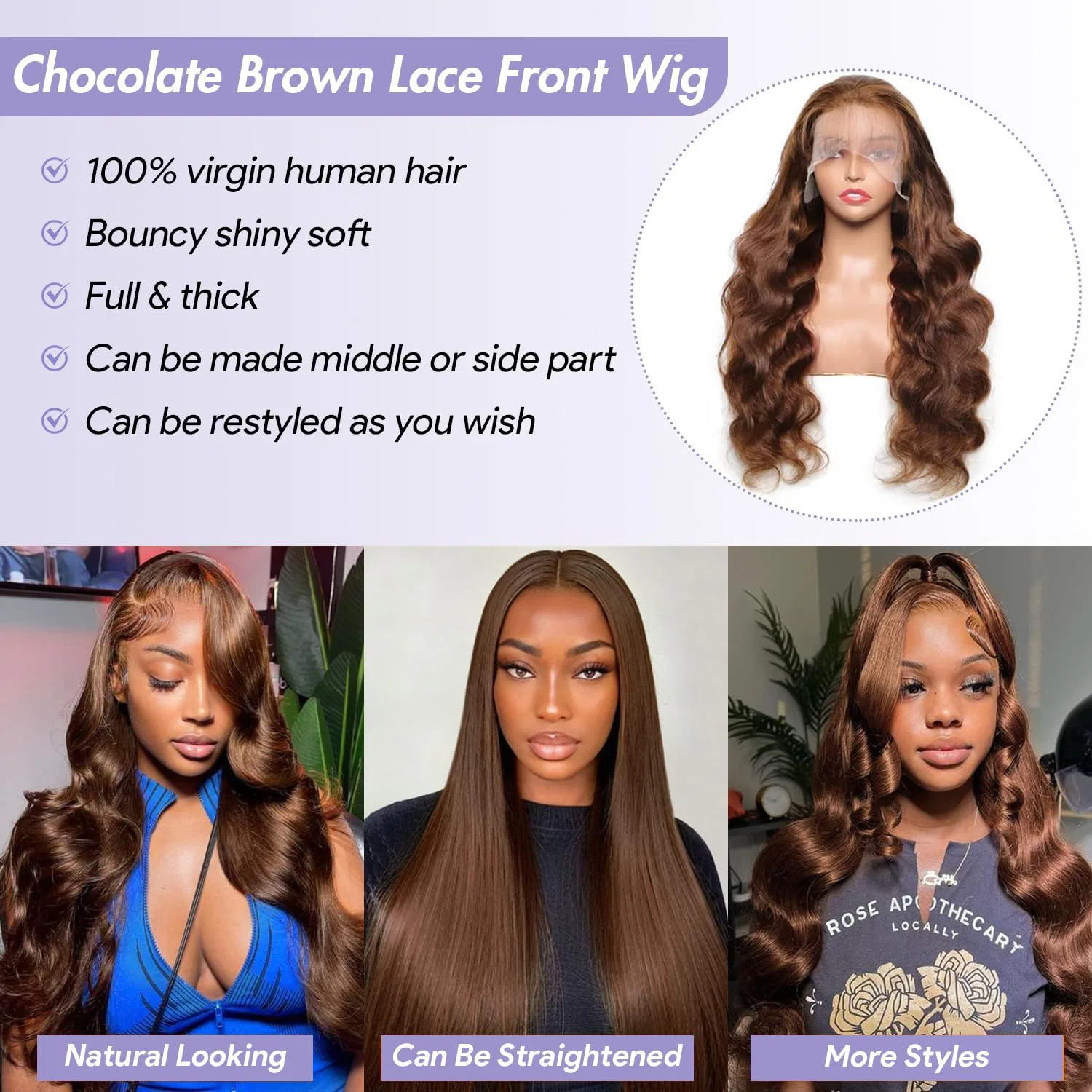 Женский парик из натуральных волос eool Body Wave HD Lace Front, шоколадно-коричневый, 51 см Eool — фото 2