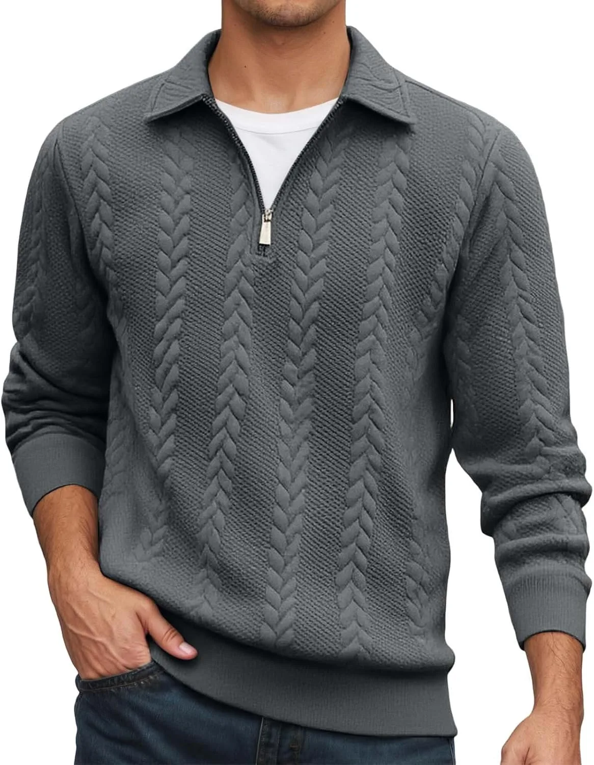 

Мужская зимняя толстовка с воротником стойкой и жаккардовым узором