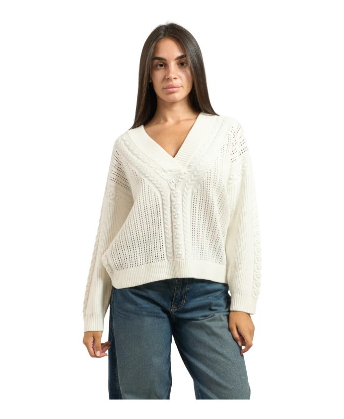 

Белый пуловер крупной вязки с V-образным вырезом Guess, белый