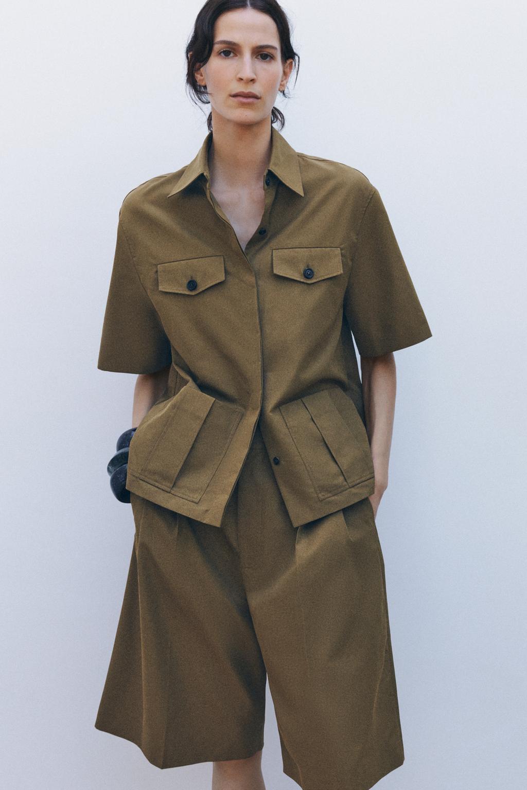 

Хлопковые шорты-бермуды с вытачками ZARA, оливково-зеленый