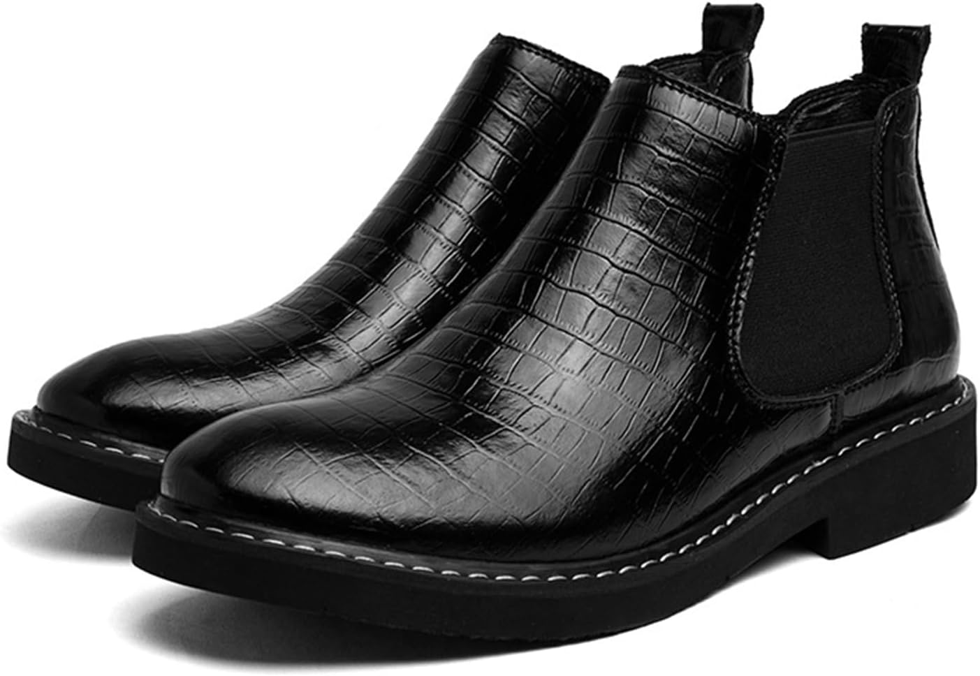 

Мужские кожаные с принтом ботинки челси с высокой подошвой, ручная прошивка, комфортные, противоскользящие, с внутренним подъемом, эластичные ботинки до щиколотки, повседневные, для офиса и делового стиля Mikazonne, черный