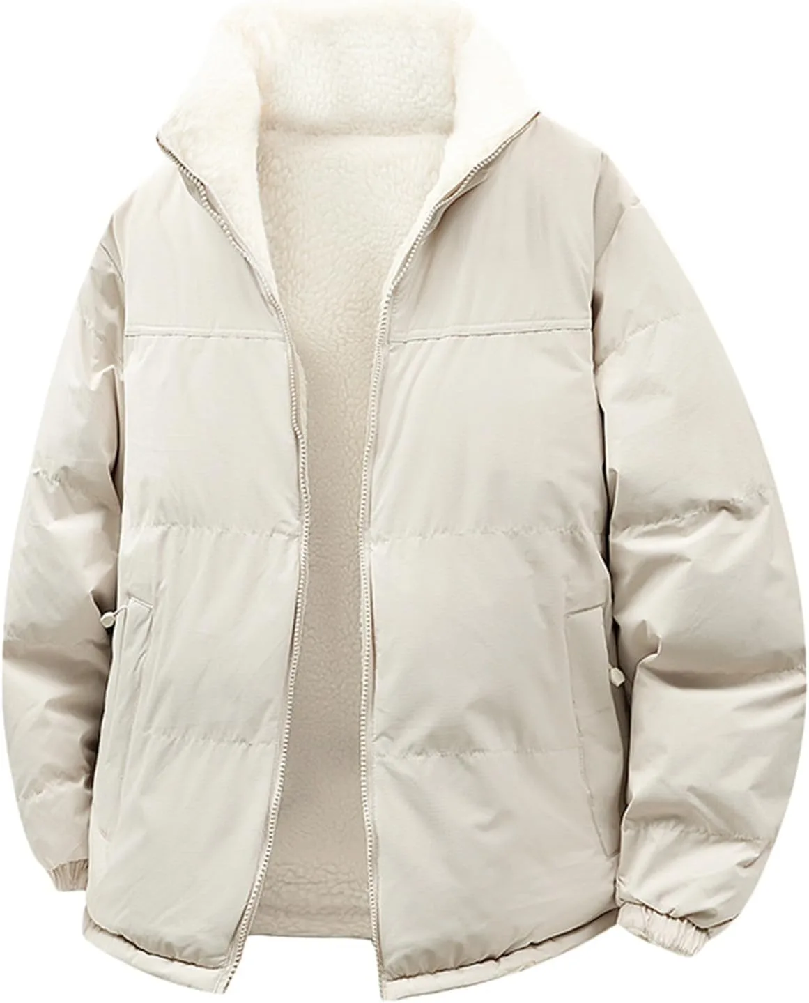 Куртка-пуховик мужская Quilted Puffer с молнией, утепленная флисом Sherpa, пуховая парка с воротником-стойкой, утолщенная зимняя верхняя одежда с карманами Generic, хаки