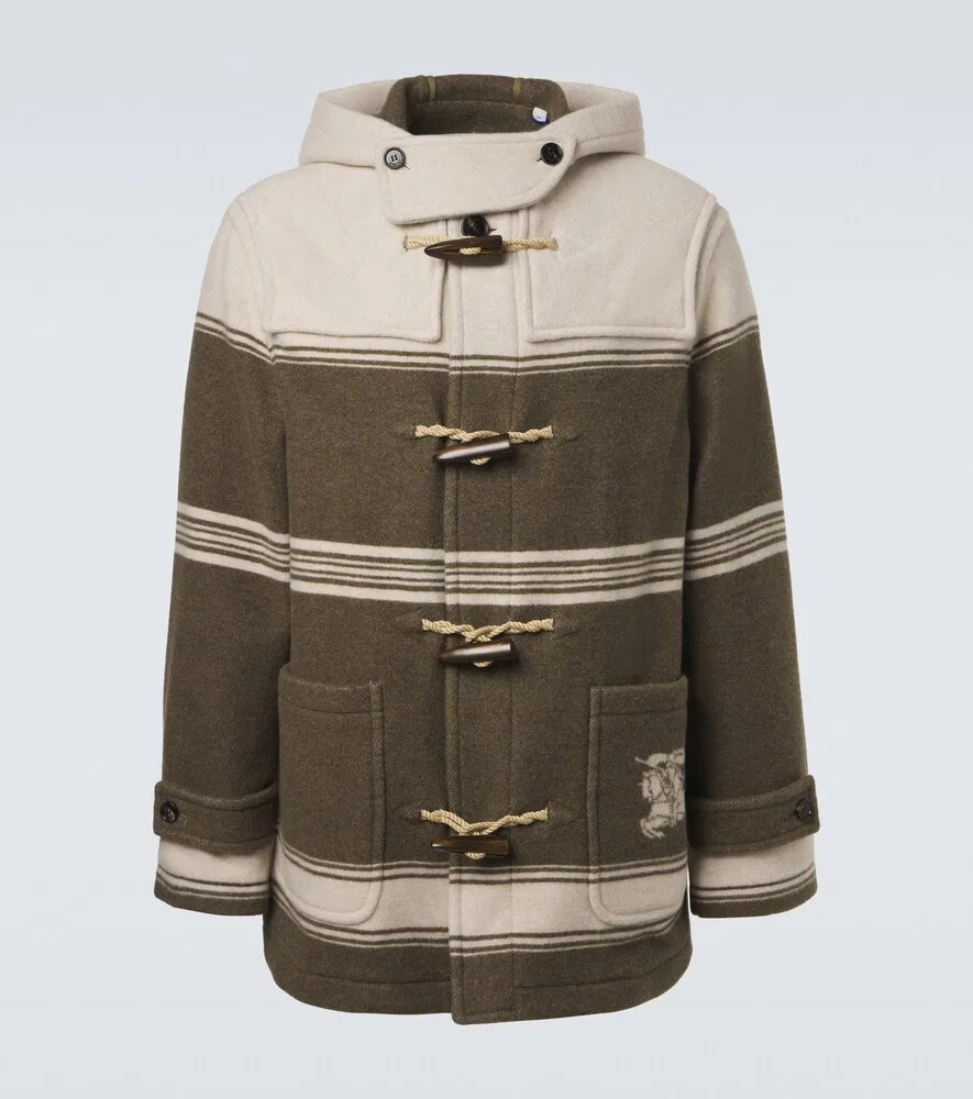 Полосатое пальто-дафлкот из смеси шерсти и хлопка Burberry, зеленый