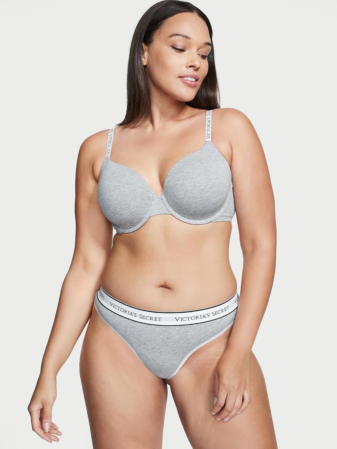 Трусики-стринги Victoria's Secret Women's Cotton Logo Thong Underwear, серый — фото 2