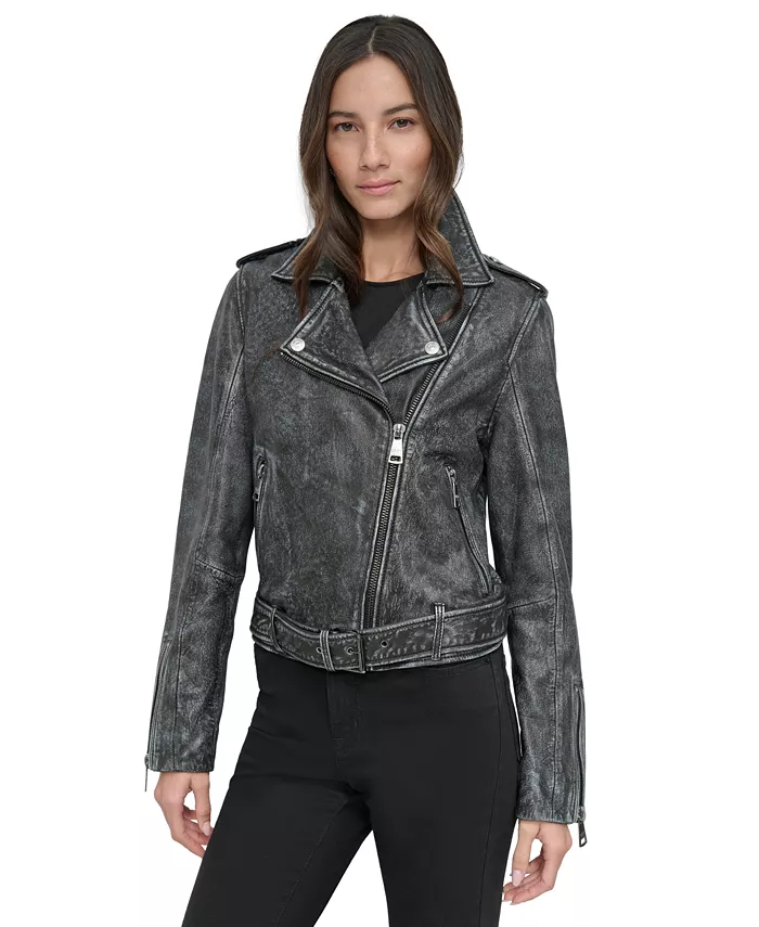 

Женская кожаная асимметричная байкерская куртка на молнии DKNY Jeans, черный