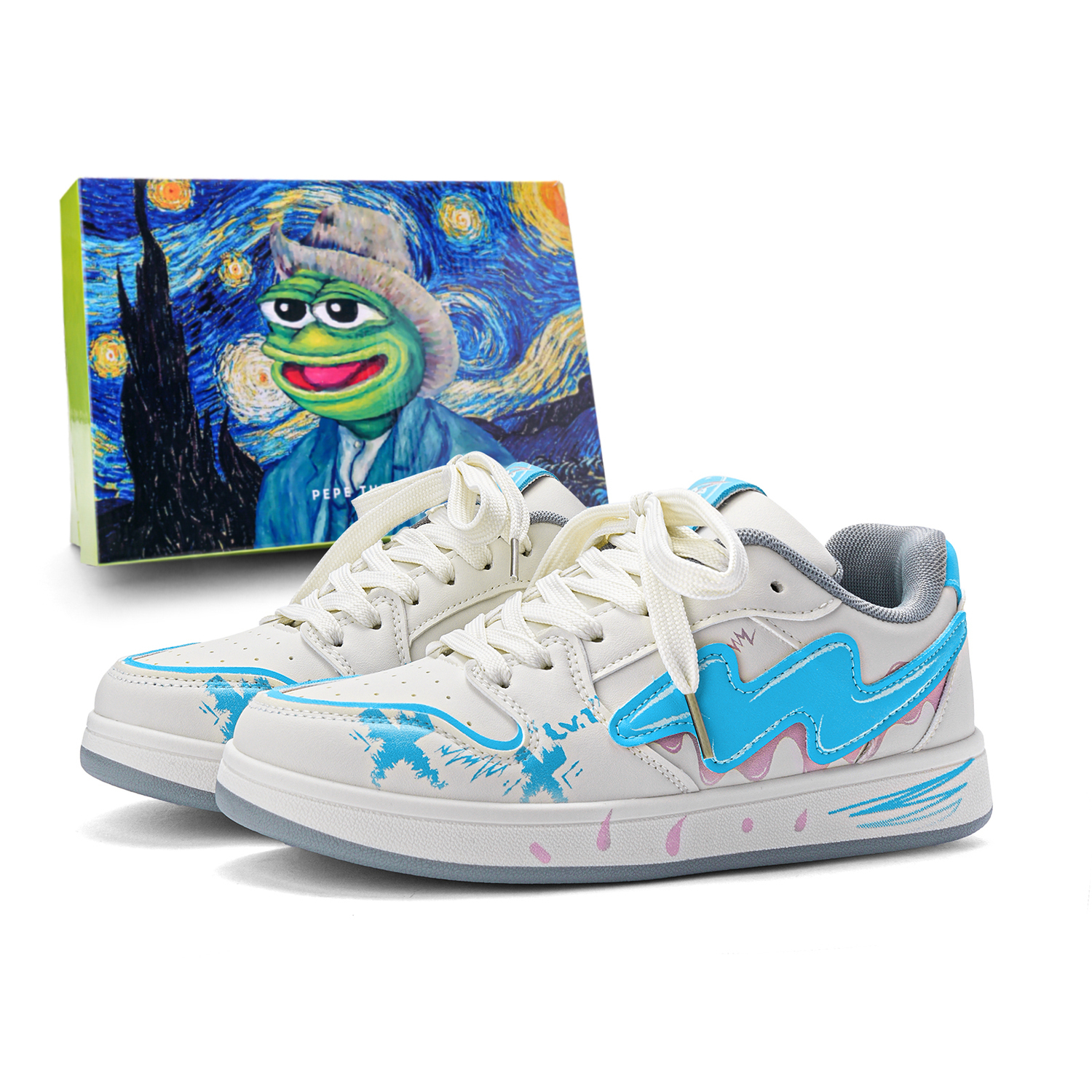 

Pepe The Frog Юнисекс скейтерские кросcовки лоу-топ черно-белые/бежево-голубые, цвет Beige Blue