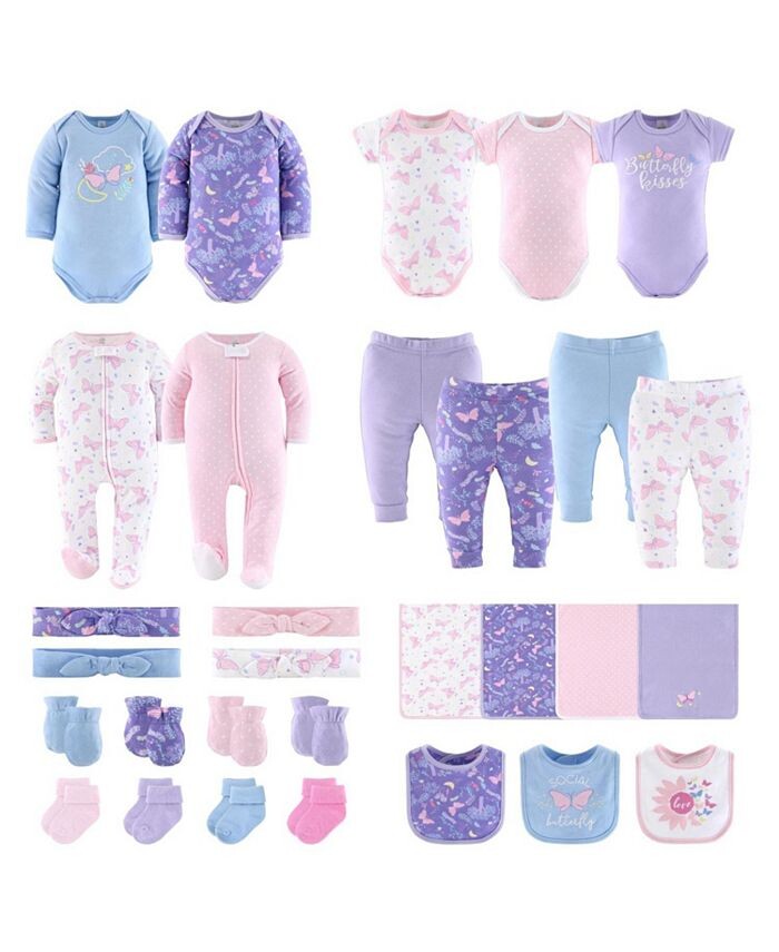 

Подарочный набор Layette для новорожденных девочек, фиолетово-розовая бабочка, 30 основных предметов, The Peanutshell, фиолетовый