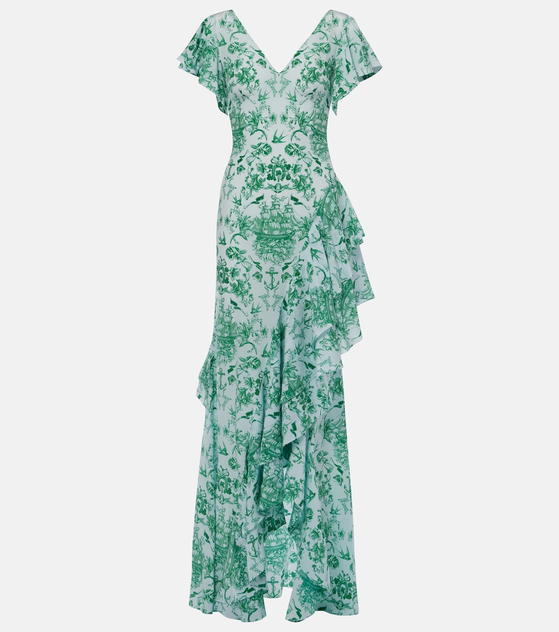 

Платье из шелкового крепдешина с принтом и оборками McQueen, Blue - Green