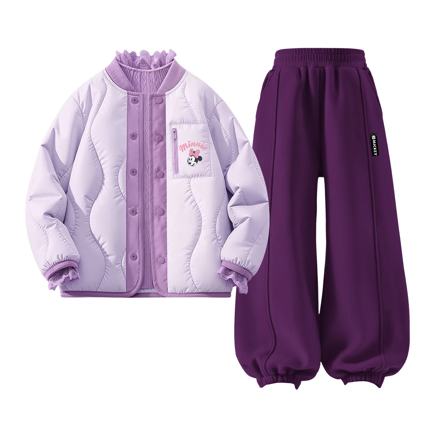 Детская повседневная спортивная футболка с круглым вырезом Disney, [Thickened and Fleece-Lined Three-Piece Set]Silicone Di Lift Eye K Purple+Di H Long Hook-and-Loop K Winter Flower Purple+Solid Color Purple