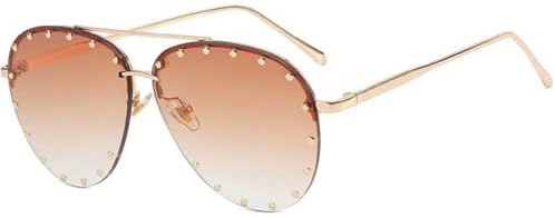 

Женские модные солнцезащитные очки с бриллиантовыми стразами, градиентным металлическим многоугольным оправой, без оправы, для защиты от солнца на открытом воздухе MTZJH, Grandient Tea