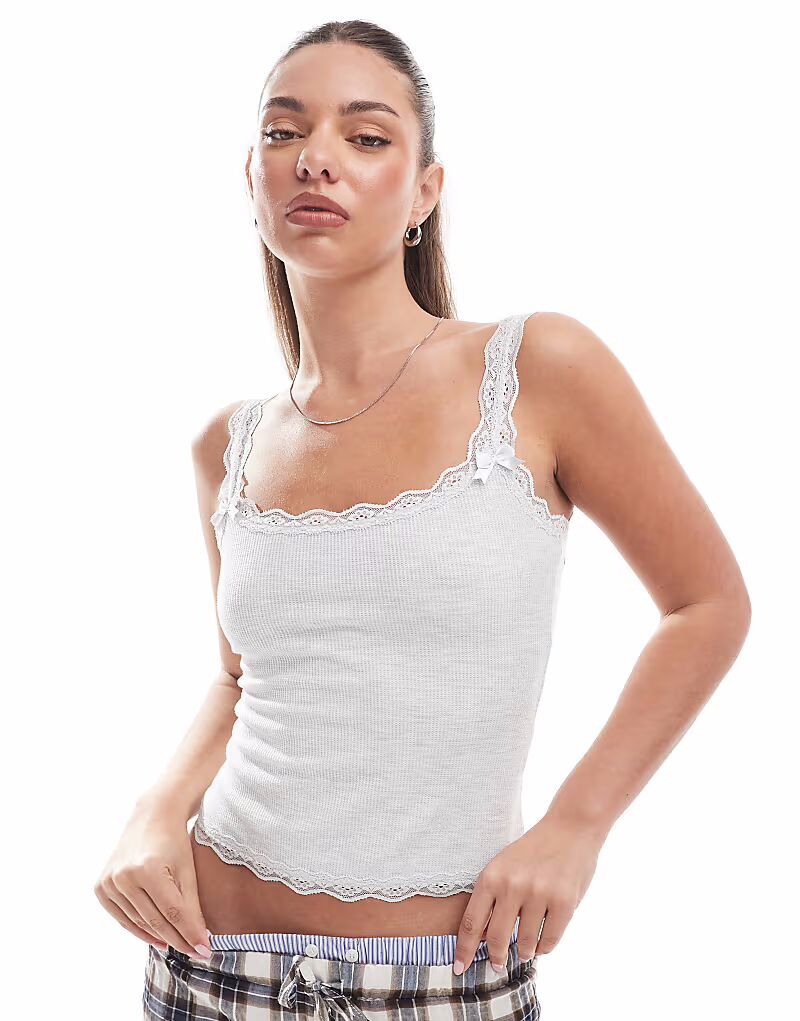 

Топ для сна Cotton On с кружевной кромкой из вафельной ткани серого меланжевого цвета Cotton:On