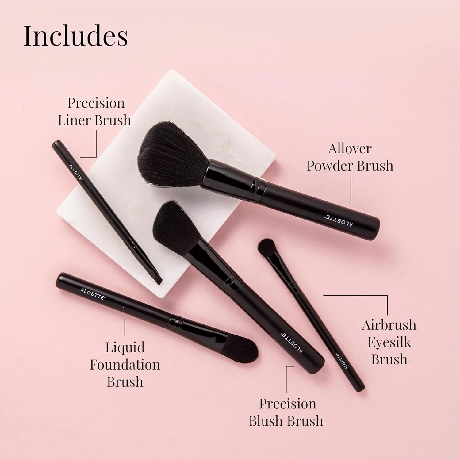 Набор кистей для макияжа Aloette Professional из 5 предметов: кисть для пудры, румян, жидкого тонального средства и 2 подводки для глаз, синтетические, cruelty free, Black — фото 3