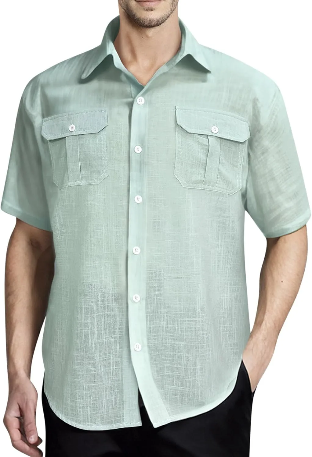 

Мужская рубашка для пляжа с перламутровыми пуговицами, хлопок-лен, карманы