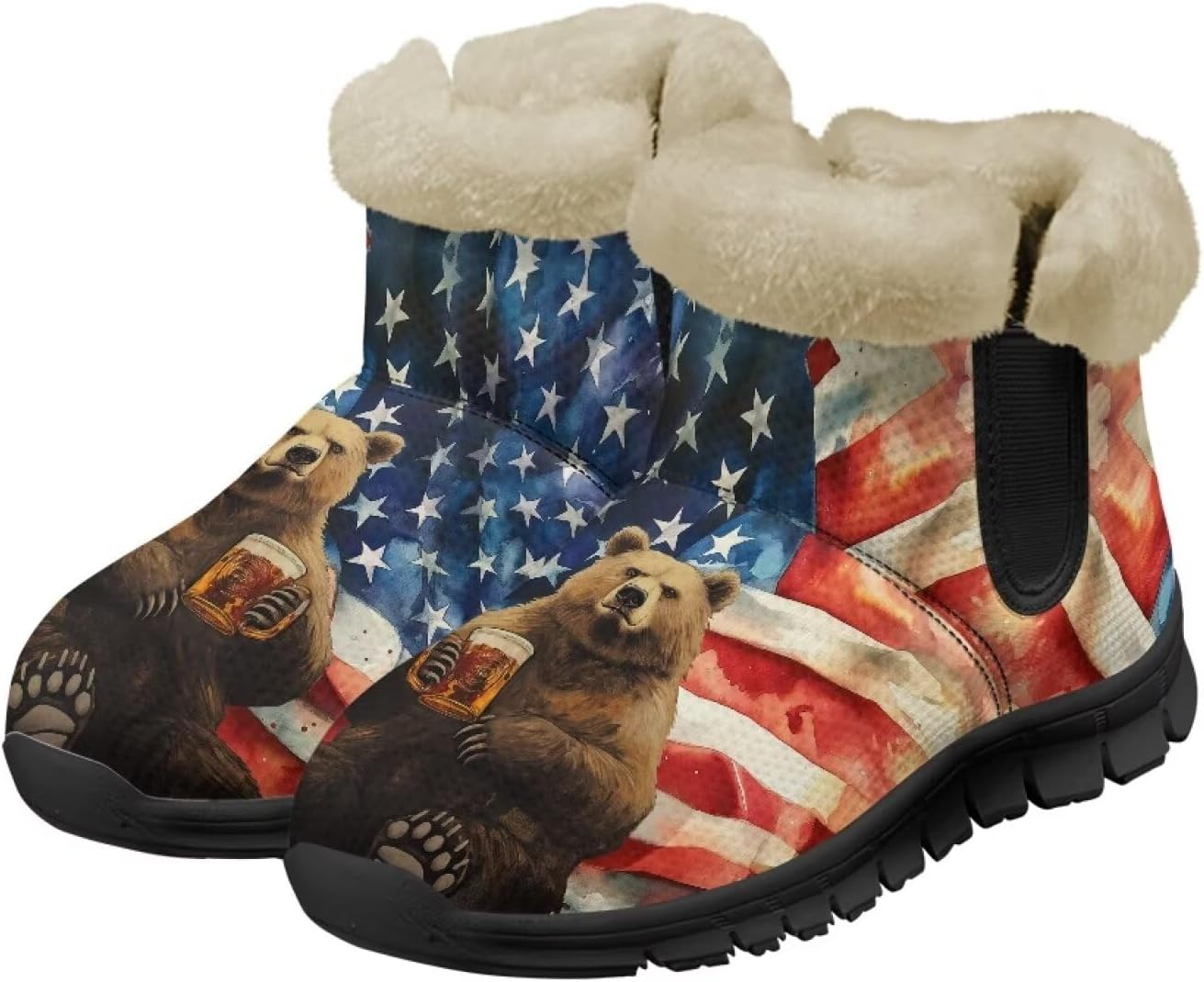 

Мужские зимние снегоходные ботинки Qoiuvncy, утепленные мехом, ботильоны с мягкой подкладкой, нескользящие, удобные, с легким надеванием, короткие ботинки для прогулок на улице, размер США 7-13, Bear American Flag