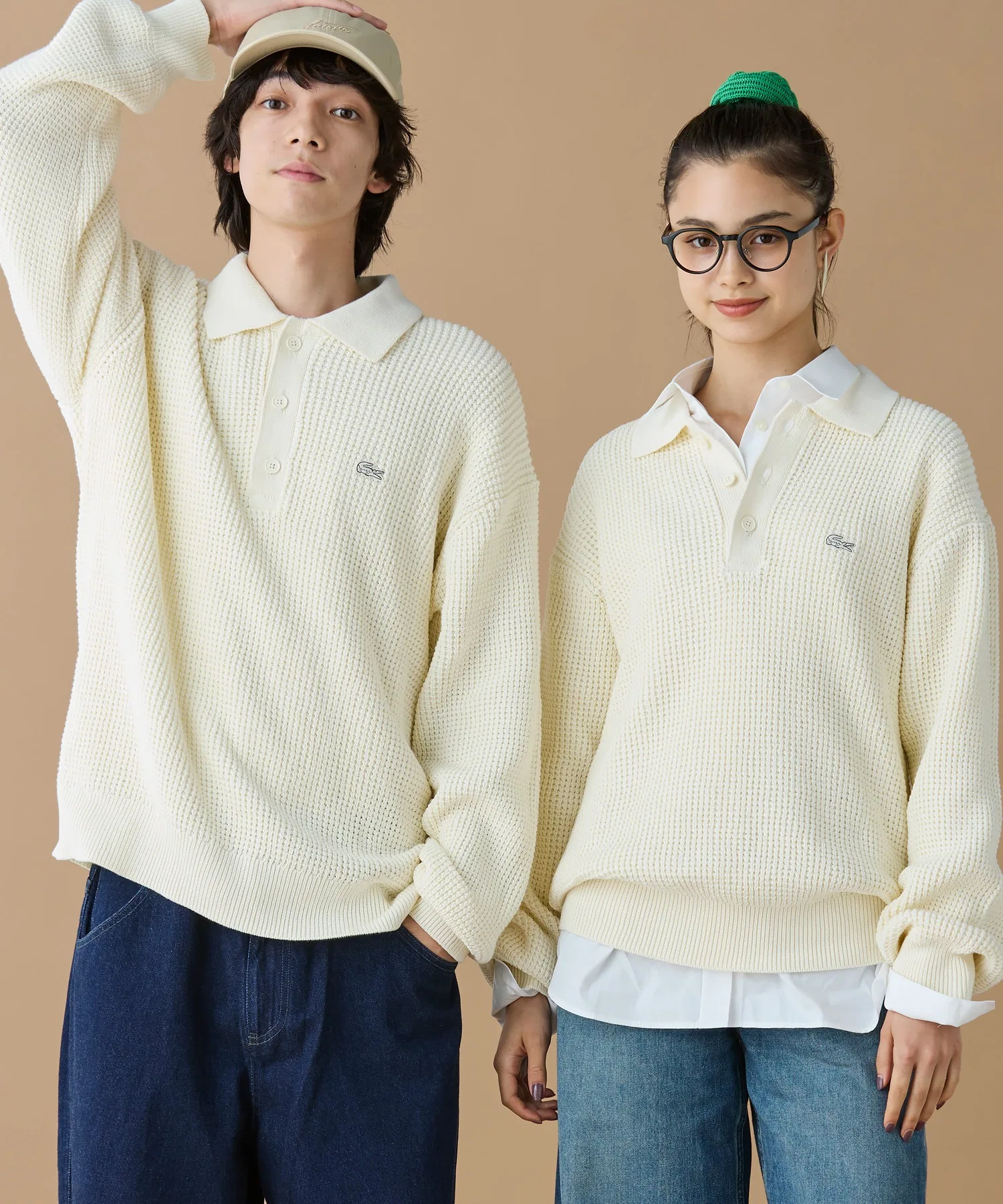 Свитер поло вафельный Knitwear, однотонный, бежевый — фото 4