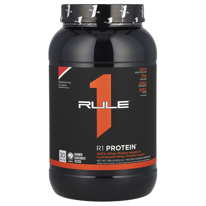 

Rule One Proteins, R1, протеиновая смесь для приготовления напитка, со вкусом клубники с кремом, 900 г (1,98 фунта)