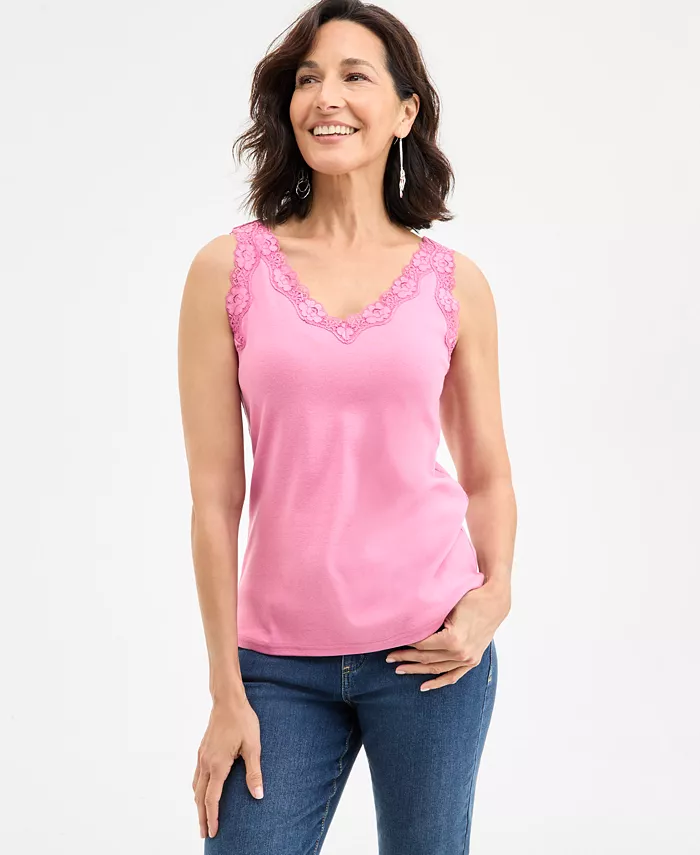 

Женская хлопковая майка с кружевной отделкой Style & Co, фиолетовый