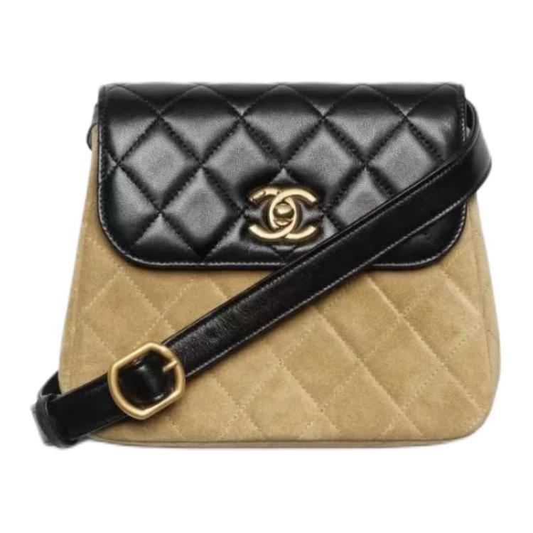 CHANEL Замшевая с кожаной ручкой сумка через плечо для женщин coffee & black — фото 2
