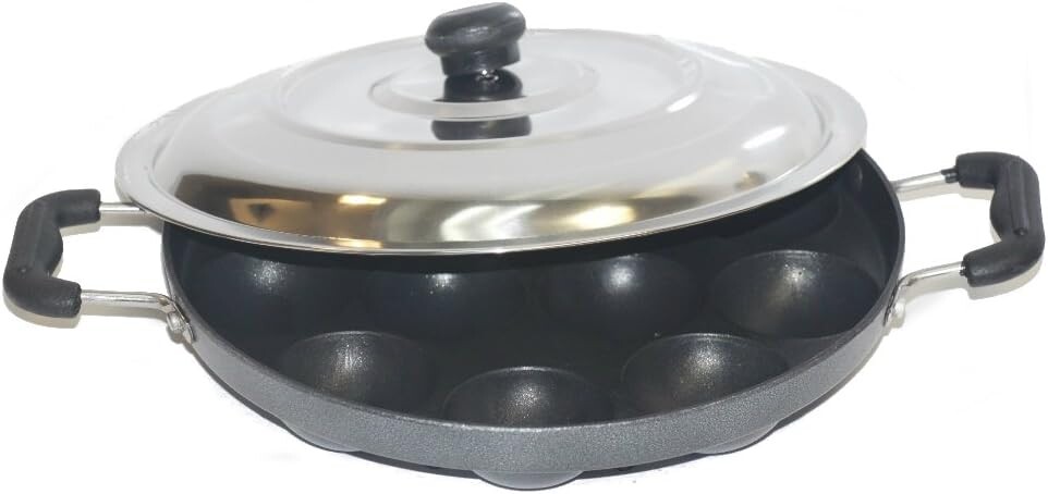 

Tabakh Appam Patra Paniyaram Сковорода Appam с антипригарным покрытием и крышкой из нержавеющей стали, 9,5 дюйма T TABAKH, Black