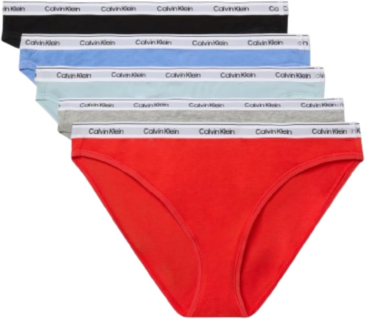

Женские трусики-бикини Calvin Klein Modern Logo из хлопка и стретч-хлопка, 5 пар в упаковке, Black/Grey Heather/Sterling Blue/Glacier/Molten