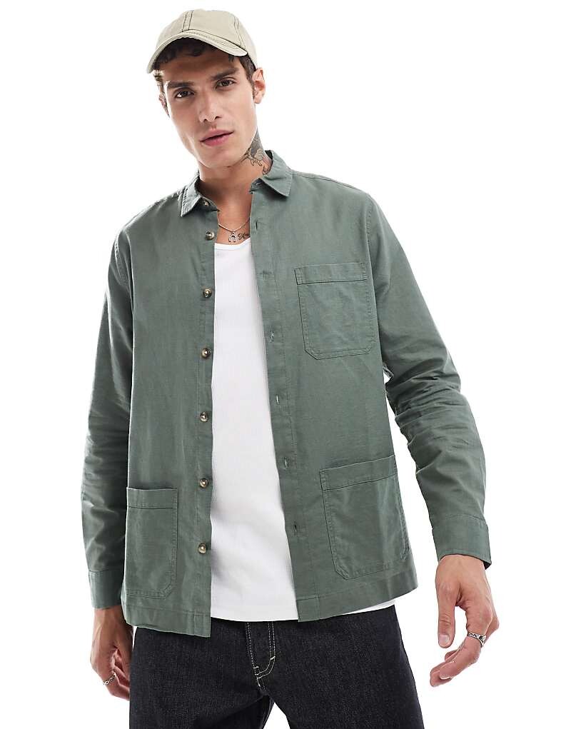 

Льняная куртка-рубашка цвета хаки ASOS DESIGN