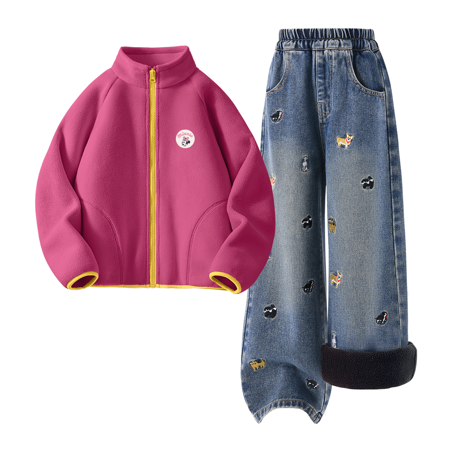 

Детская повседневная спортивная одежда Disney, [Thickened And Fleece-Lined]Dini Medium Round Hook-And-Loop K Rose Red+Solid Color Denim Blue
