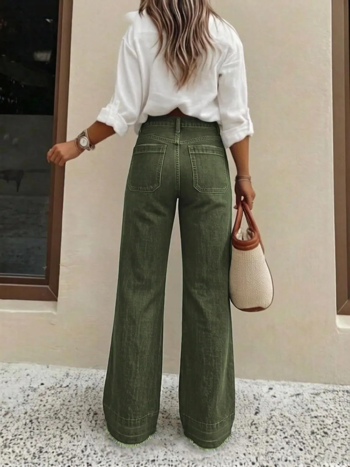 Джинсы свободного кроя, Wide Leg, Army Green — фото 3