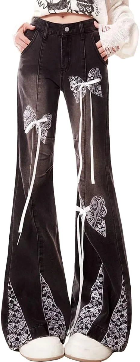 

Джинсы женские готические high waisted с вышивкой и шнурком bell bottom kakarin choyx