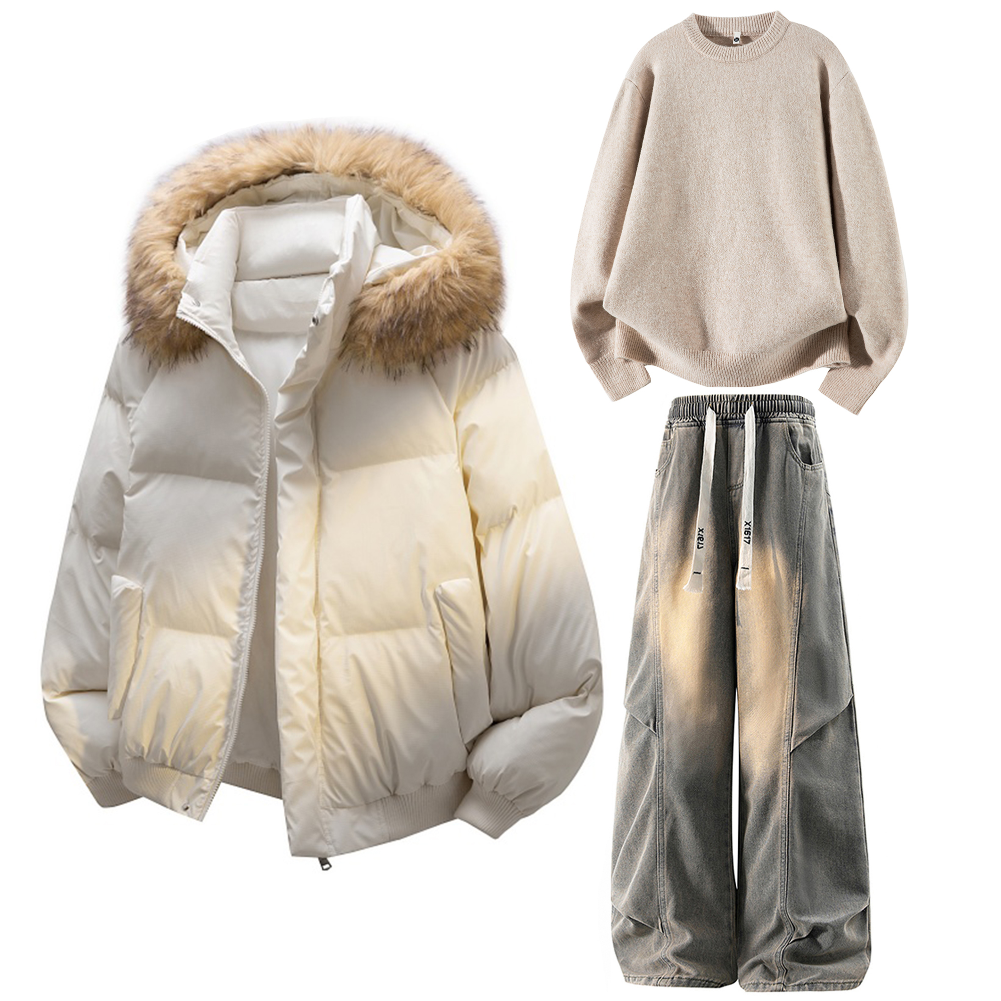 

Толстовка Casual Sportswear утепленная с капюшоном унисекс X1617, экрю puffer jacket+экрю base layer+желтый mud fleece-lined pants