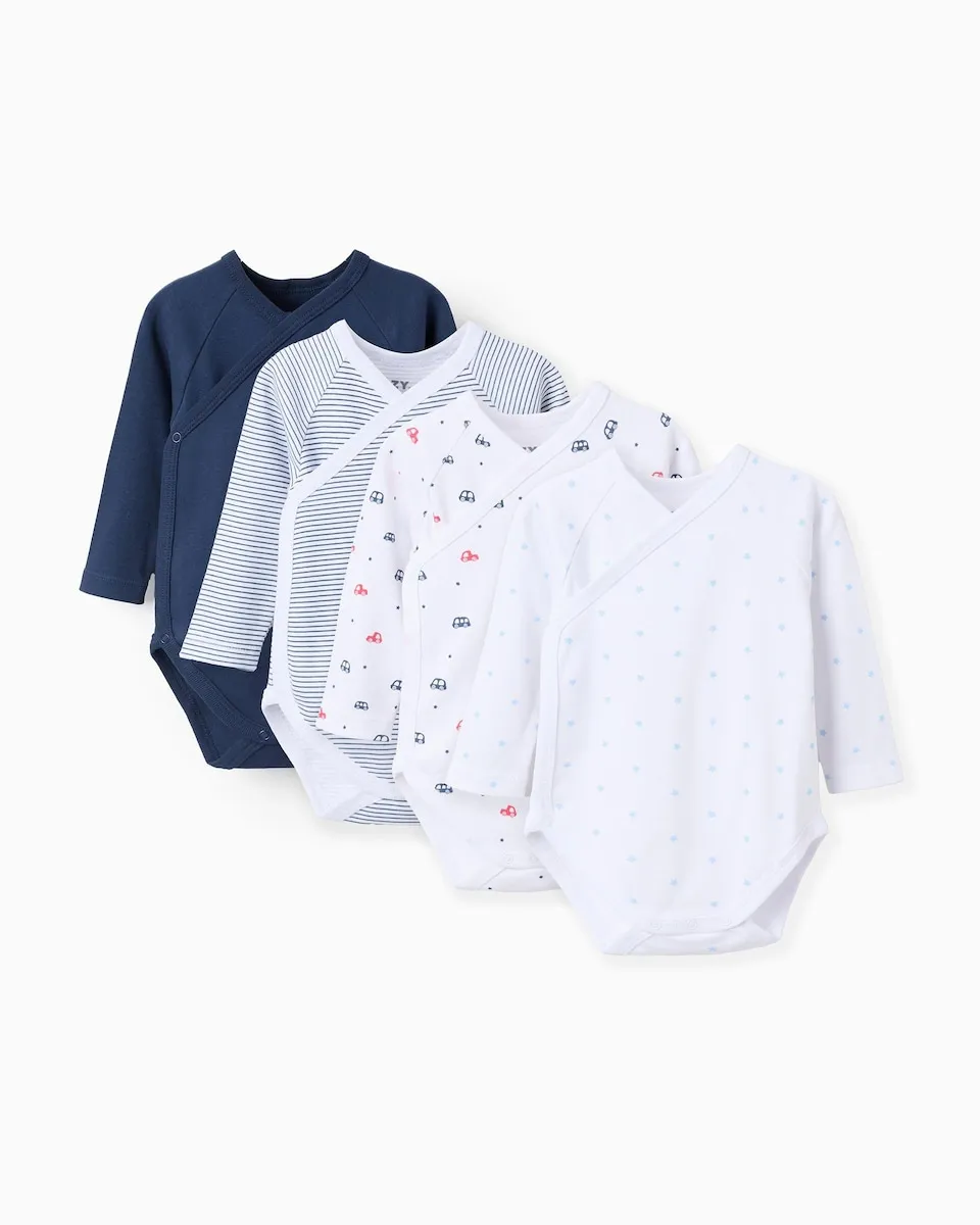 

Набор из 4-х детских бодиков для девочки, 100% хлопок, с перекрестной застежкой и узором Zippy, темно-синий