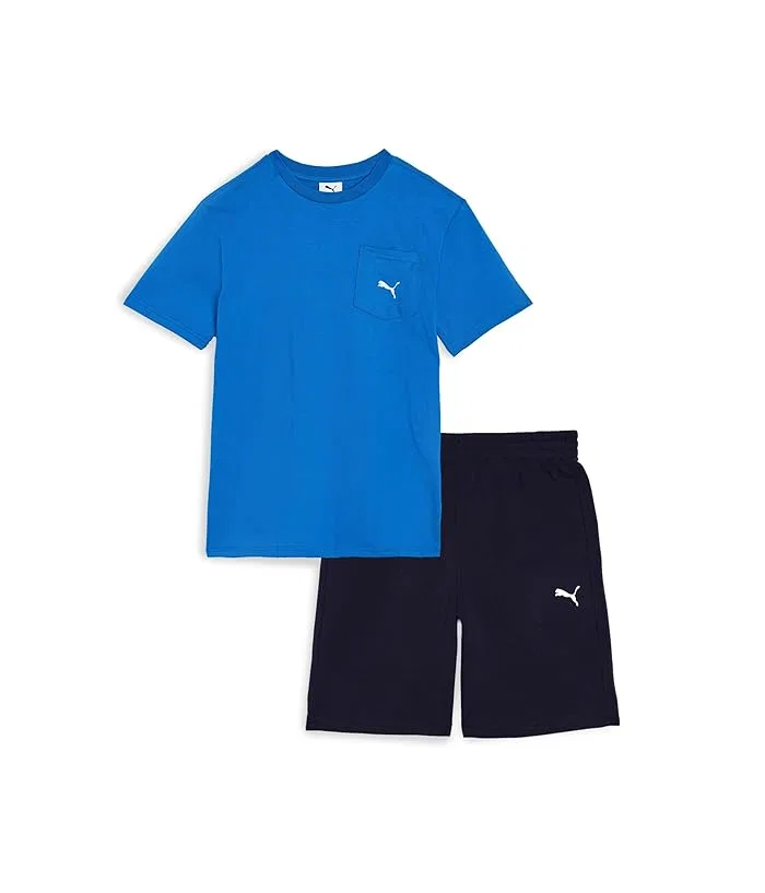 Комплект из футболки и шорт с карманом синий PUMA Kids, Jasmine Flower/Vapor Gray