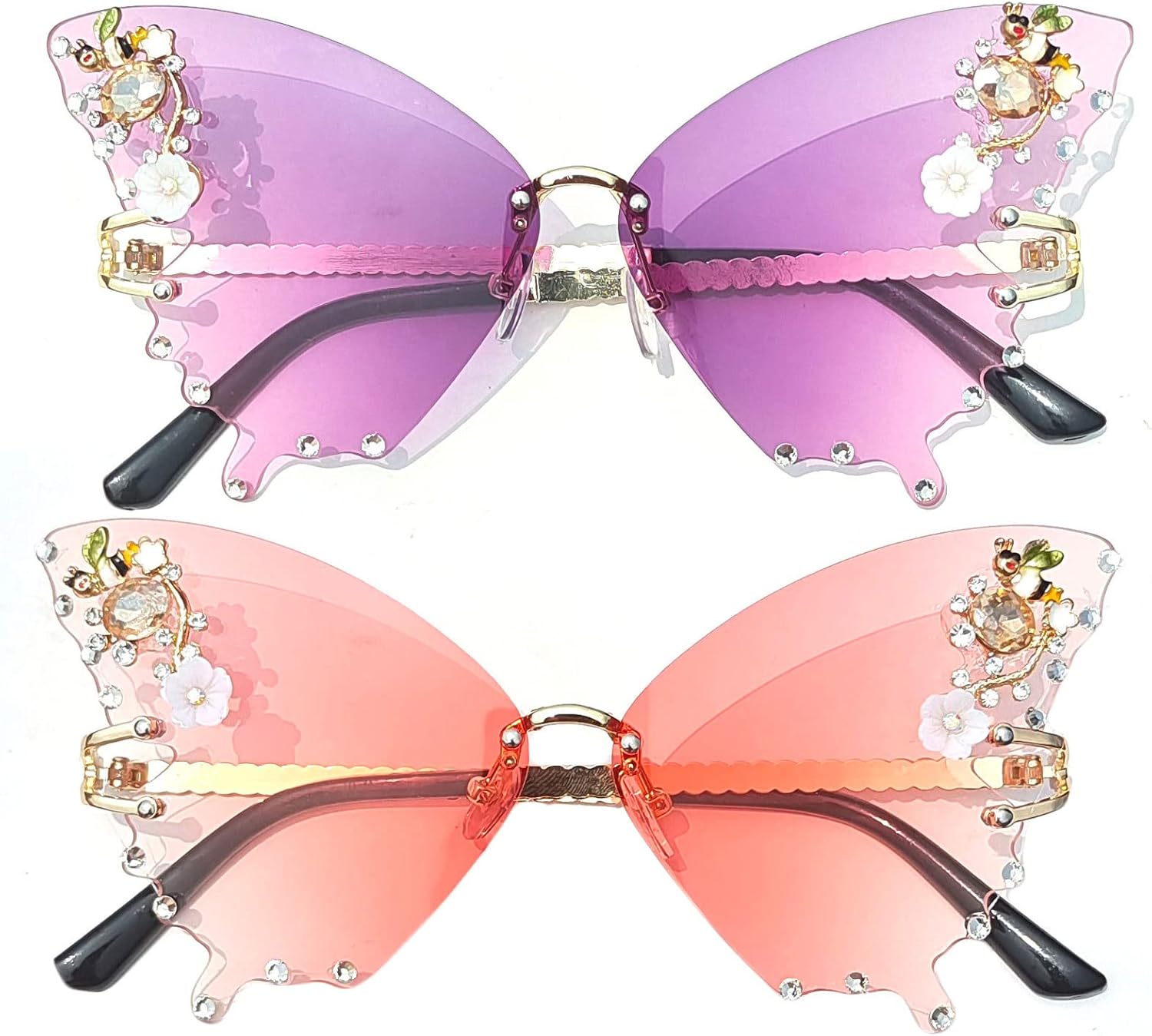 

Солнцезащитные очки Willochra для женщин в форме бабочки и кошачьего глаза - модные блестящие очки с многоугольными розовыми стразами и бриллиантовой отделкой, 2pcs-purple&pink