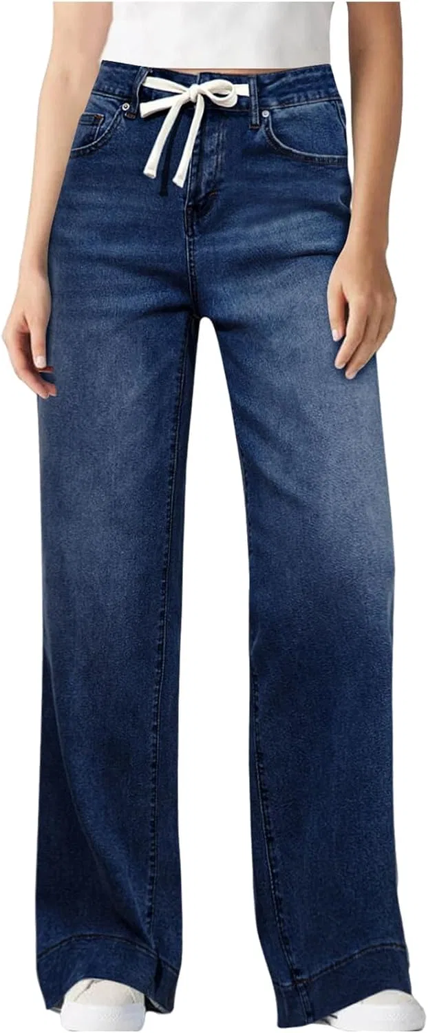 Джинсы с завязкой на высокой талии, темно-синий
