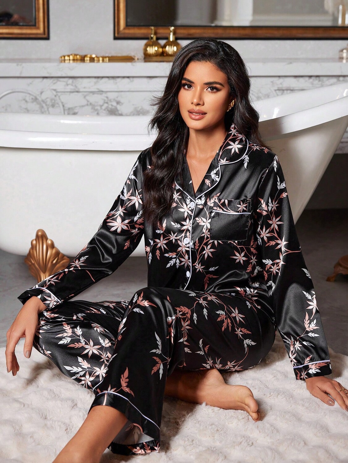 

Пижама Luxe Nights с длинными рукавами, цветочным принтом, воротником, искусственный шелк Shein, черный