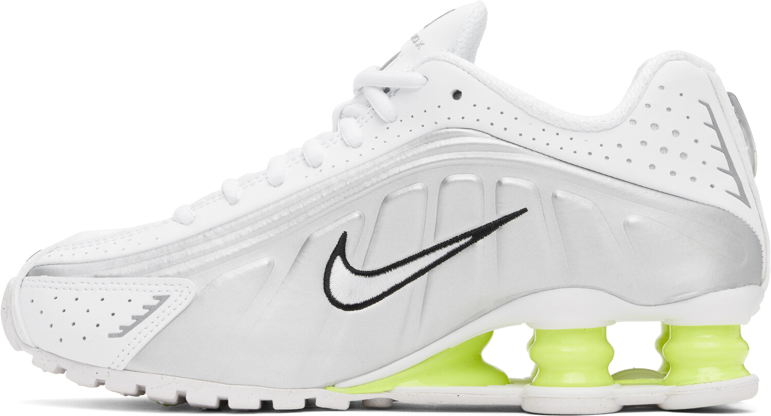Белые и серебристые кроссовки Shox R4 Nike, White/Metallic silver/Volt/White — фото 3