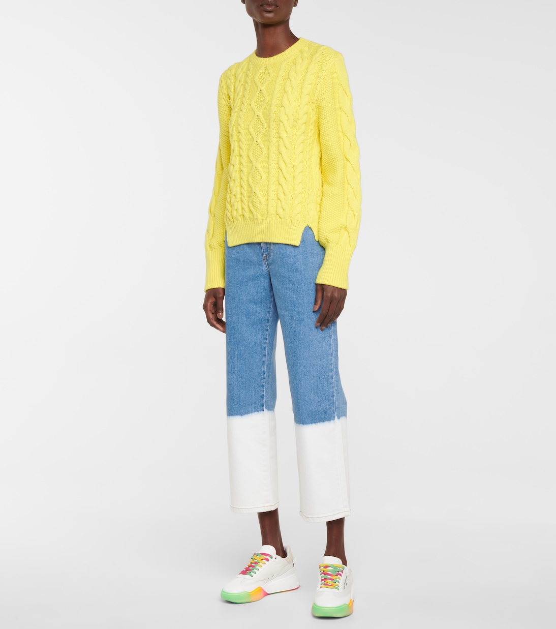 Свитер из хлопчатобумажной смеси с косой вязкой Stella McCartney, Lemon — фото 2