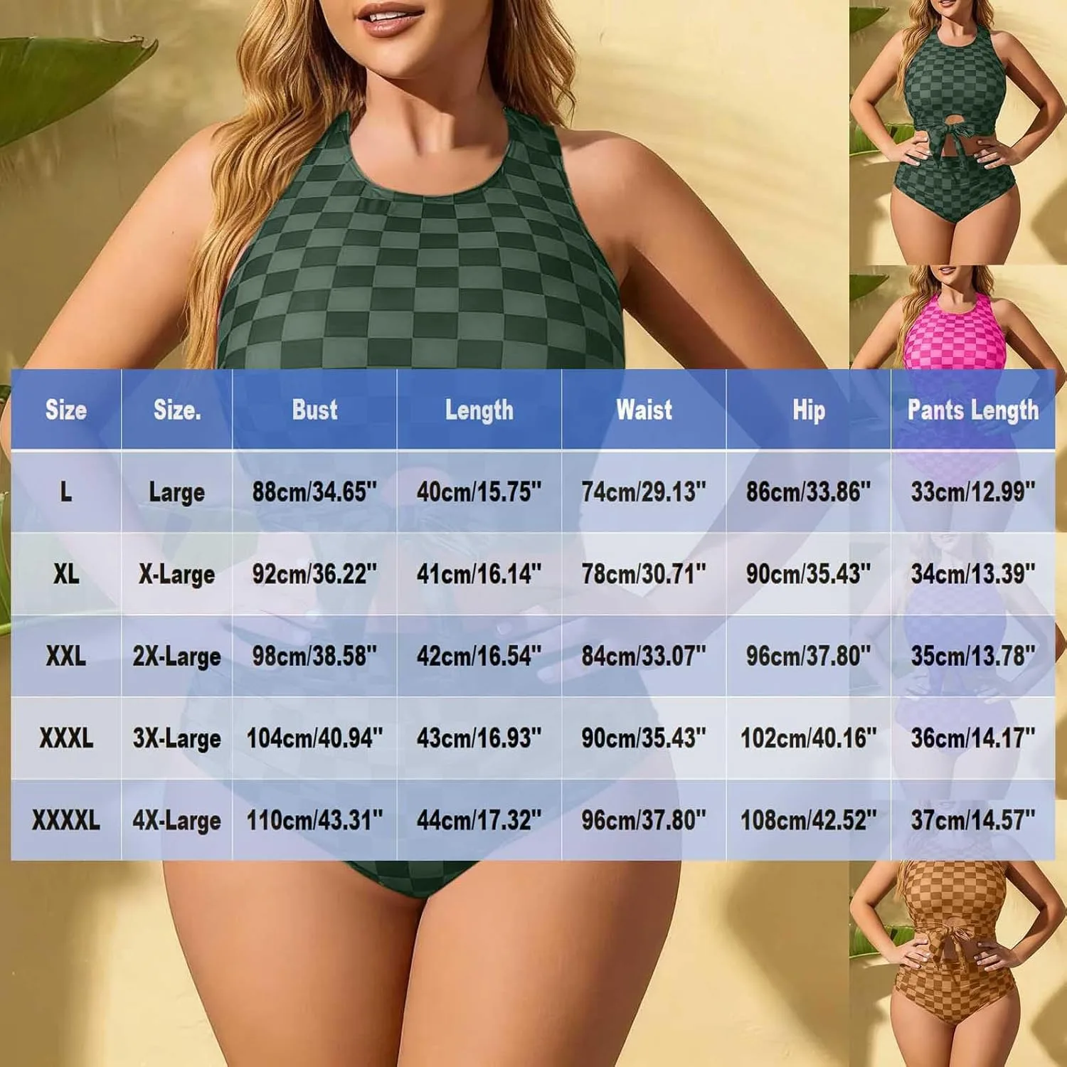 Клетчатый спортивный купальник-танкини Plus Size 2 предмета с высоким поясом и открытой спиной Generic, фиолетовый — фото 4