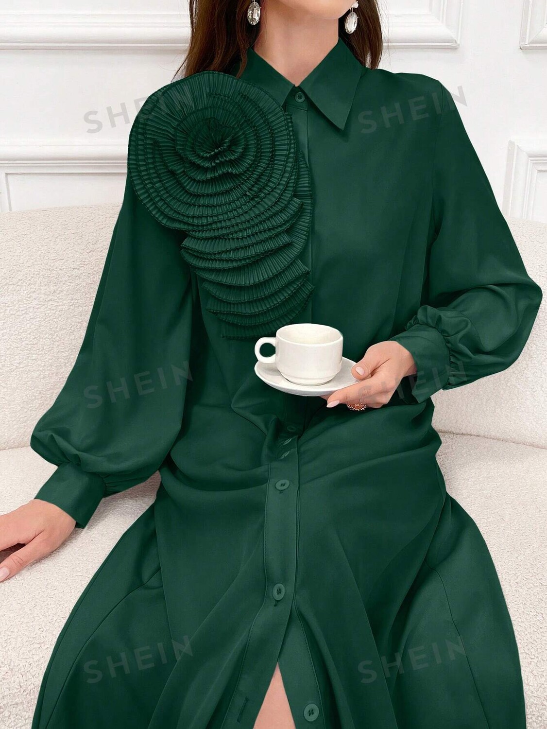 

Najma Длинная абайя, пуговицы спереди, 3D цветочный декор, Однотонная, для женщин, элегантный вид, арабский стиль, для весны и осени Shein, темно-зеленый