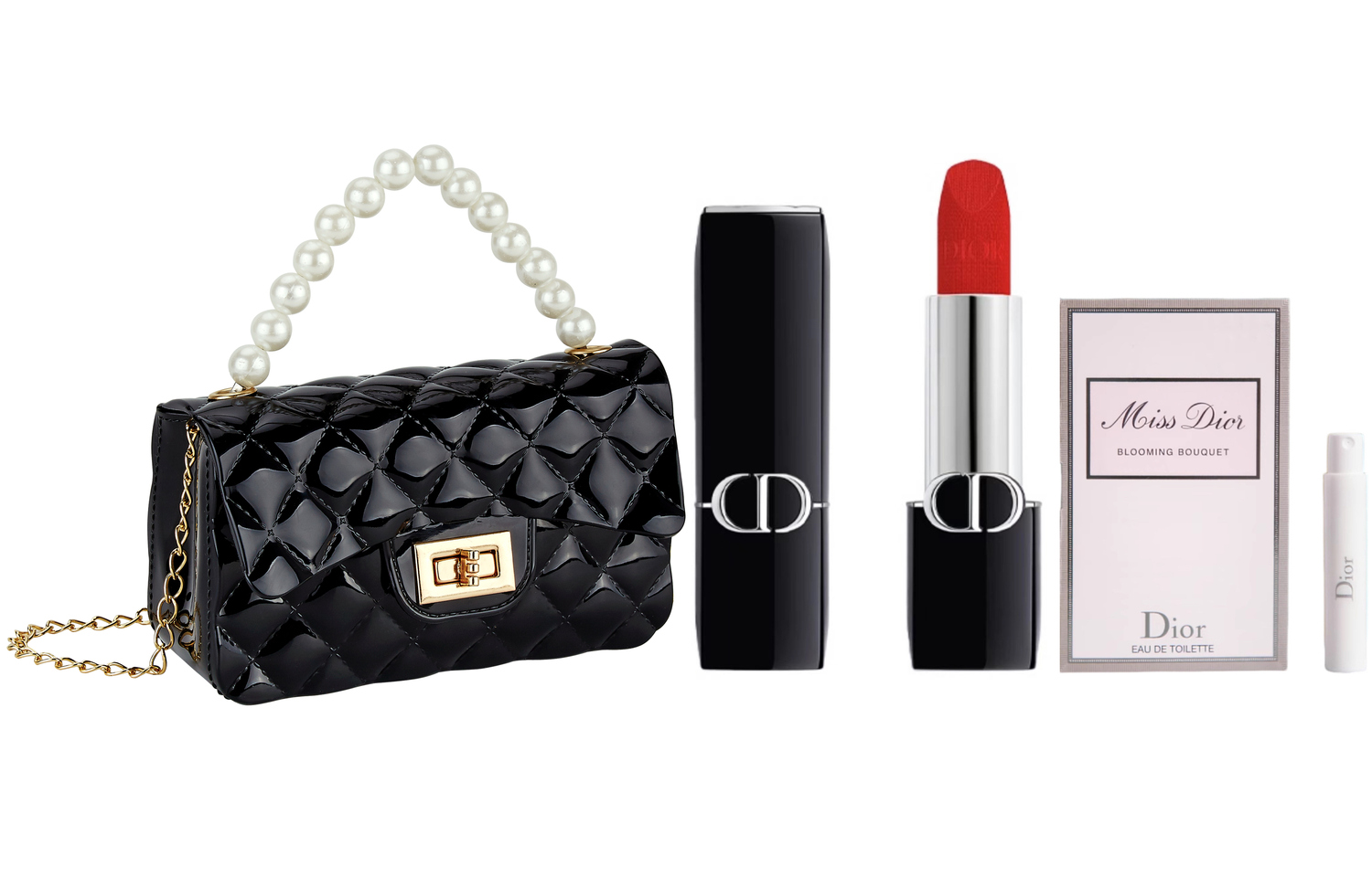 Подарочный набор Dior: мини-сумочка, пробник духов Miss Dior Blooming Bouquet и помада Rouge Dior #999, 3,5 г