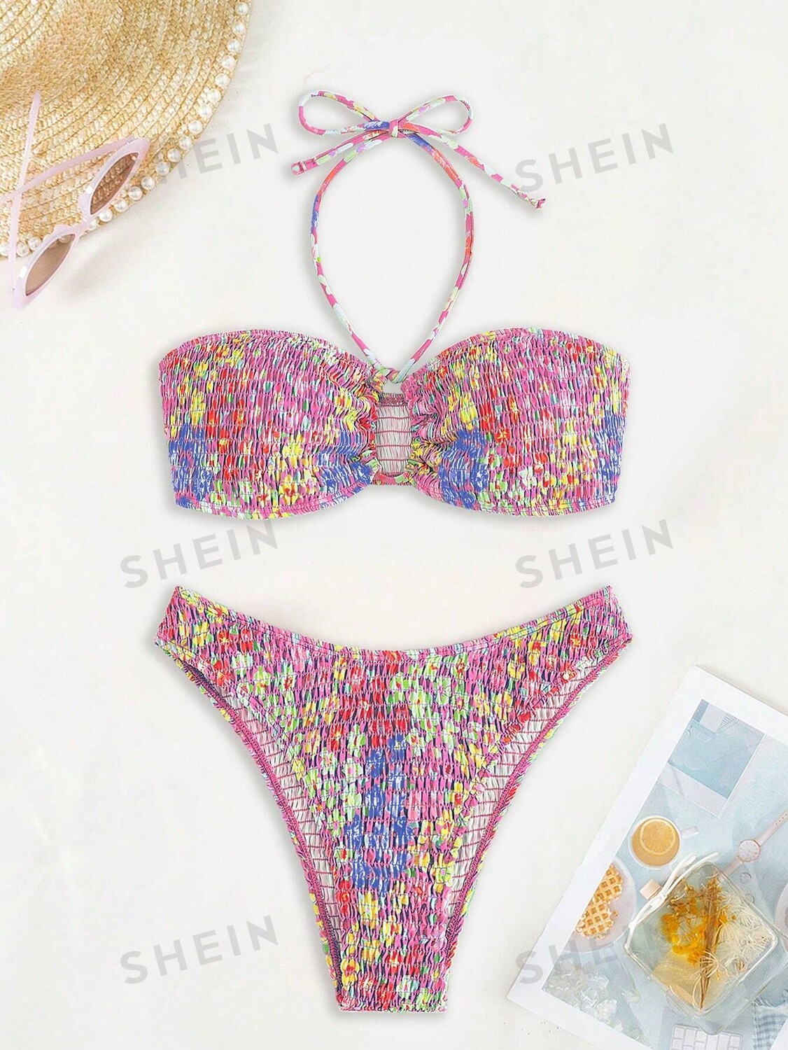 

Комплект бикини Shein Swim Vcay Sling с вырезом на шее, розовый