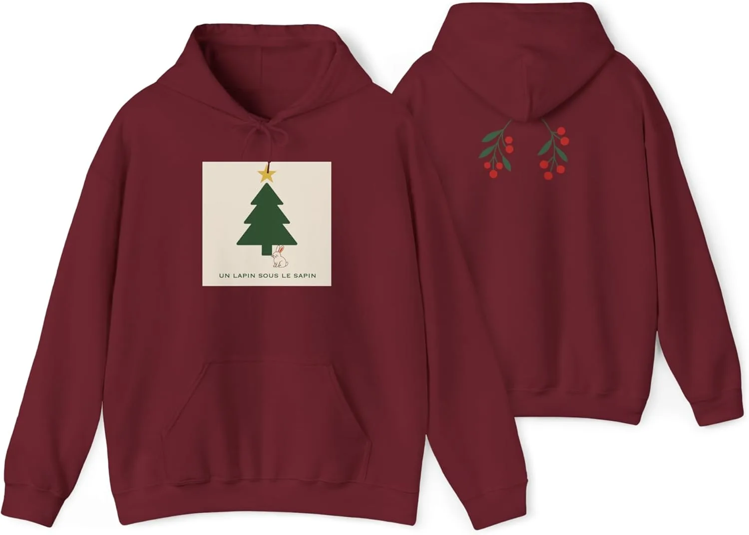 Худи Un Lapin sous le Sapin (Зайчик под елкой) на рождественскую тематику, минималистичный дизайн спинки с изображением елки и ягод, унисекс GENERIC, Garnet