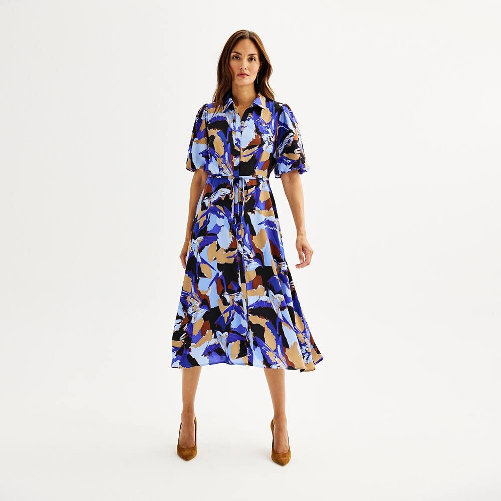 

Женское атласное платье миди Nine West с объемными рукавами, цвет Blue Abstract Birds