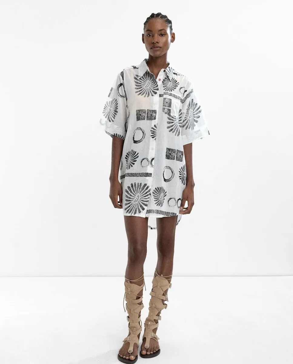 

Короткий рукав, 100% хлопок, принтованная сорочечная модель Parfois, белый