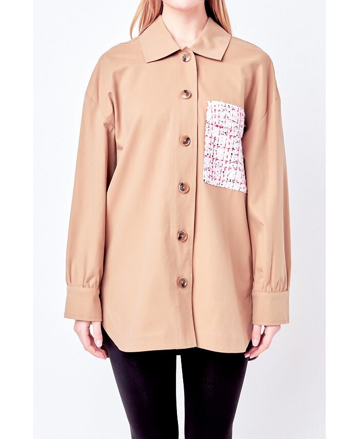 

Женская куртка-рубашка из хлопкового твила English Factory, тан/бежевый